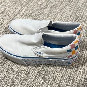 Vans White Slip-On Sneakers with Multicolor Checker Heel